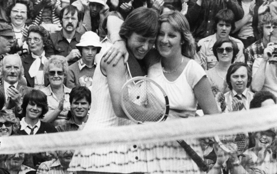 Chris Evert, pictured after losing the 1978 final to Martina Navratilova, won the Wimbledon ladies' singles title three times - GETTY IMAGES