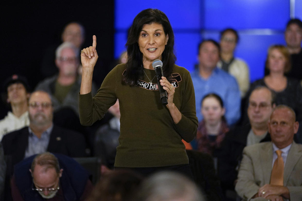 FILE - Republican presidential candidate, former ambassador to the United Nations Nikki Haley during a campaign stop March 27, 2023, in Dover, N.H. Haley, who launched her campaign in February, avoided criticizing former President Donald Trump by name in speeches last month at a conservative gathering and instead noted how the GOP had lost so many elections in recent years. (AP Photo/Charles Krupa, File)