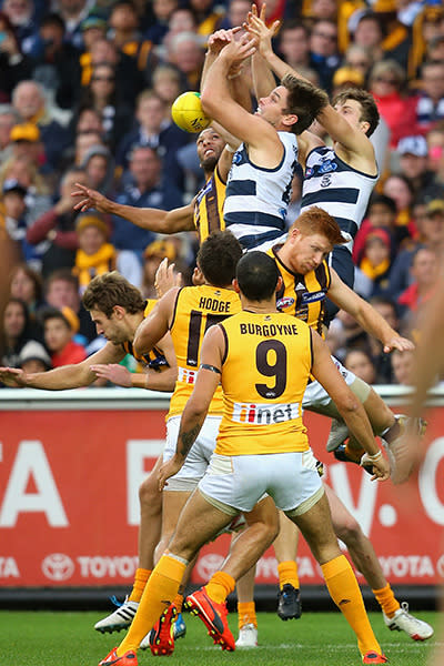 The big men from Geelong and Hawthorn make the leap in front of more than 80,000 at the MCG