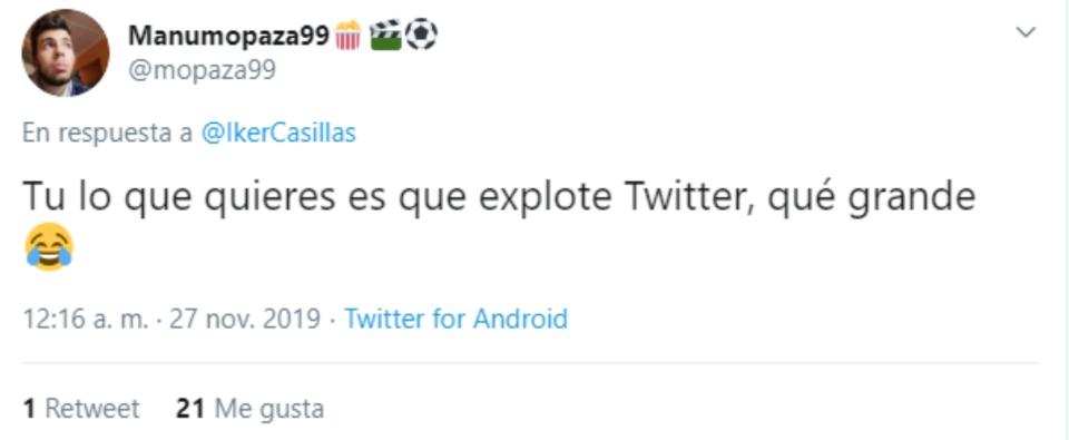 Sea por el motivo que sea, lo cierto es que, con su elogio a Mourinho, Casillas consiguió revolucionar las redes. (Foto: Twitter / <a href="http://twitter.com/mopaza99/status/1199467033550839808" rel="nofollow noopener" target="_blank" data-ylk="slk:@mopaza99;elm:context_link;itc:0;sec:content-canvas" class="link ">@mopaza99</a>).