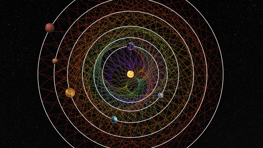 Representación de seis planetas alrededor de un Sol. 