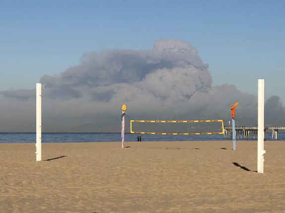 Clouds of smoke seen from Hermosa Beach, California.