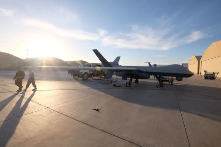 A U.S. Air Force MQ-9 Reaper drone sits on the tarmac at Kandahar Air Field in Afghanistan after returning from a mission March 9, 2016. Picture taken March 9, 2016. REUTERS/Josh Smith