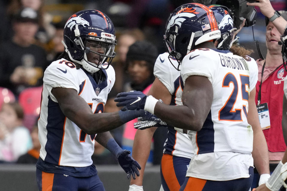Denver Broncos wide receiver Jerry Jeudy (10) celebrates a touchdown during the NFL football game between Denver Broncos and Jacksonville Jaguars at Wembley Stadium London, Sunday, Oct. 30, 2022. (AP Photo/Kirsty Wigglesworth)