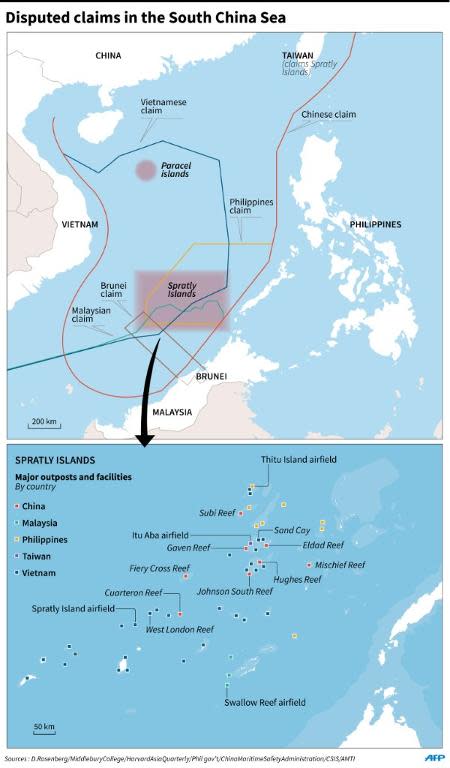 Claims and occupations in the South China Sea, including a detailed map of the Spratly Islands