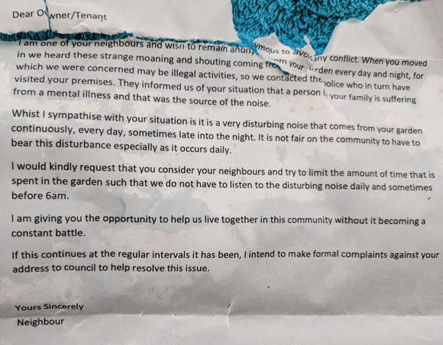 The mum said she received this letter complaining about her son. Source: Facebook