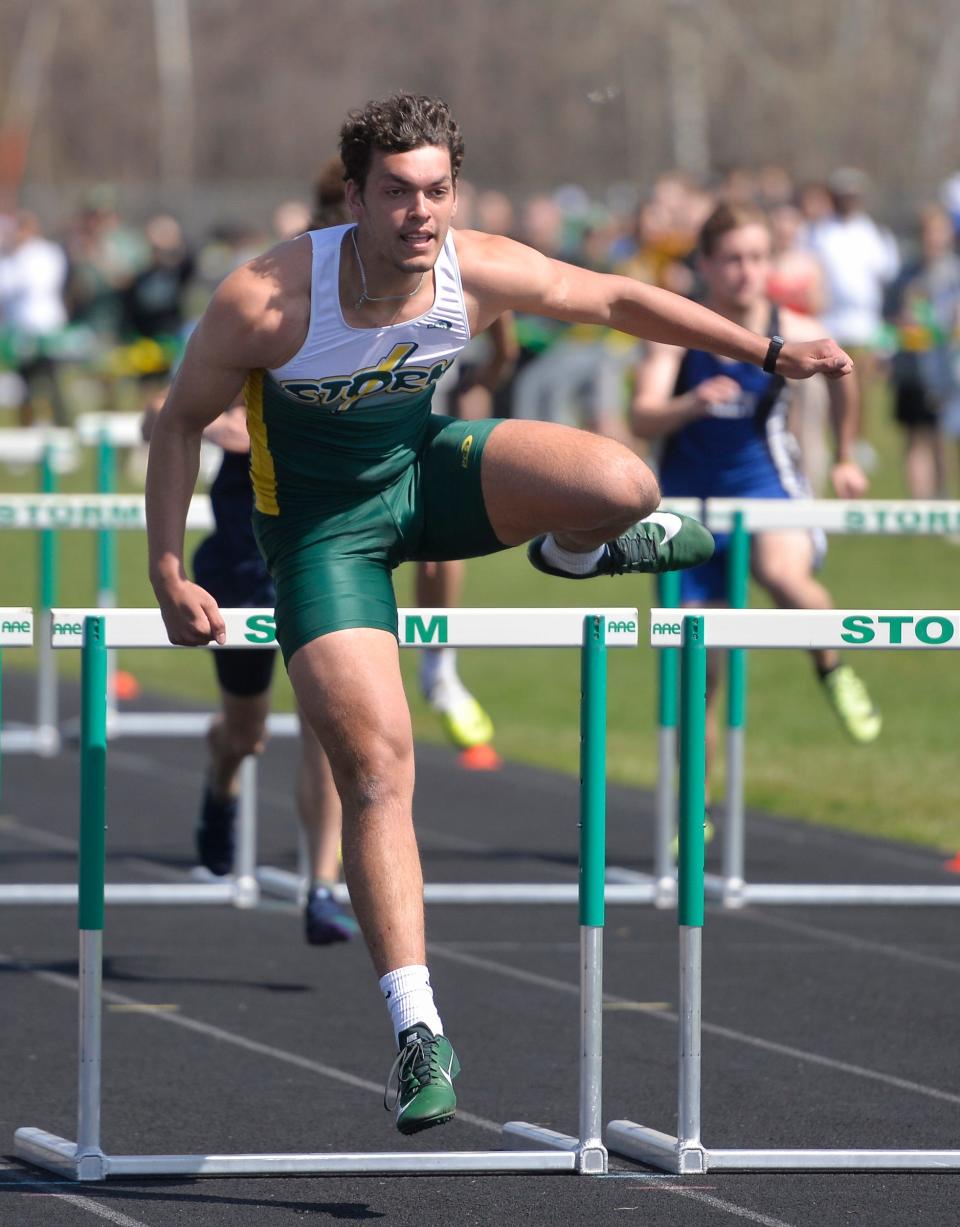 Sauk Rapids-Rice's Carter Loesch finishes first in the 110-meter hurdles at the Mega Meet on Saturday, May 7, 2022, at Sauk Rapids-Rice Middle School. 