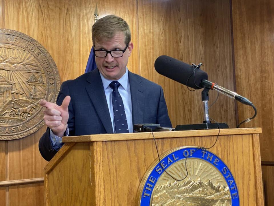 Matt Larkin, director of Dittman Research, speaks at a press conference in the state Capitol to explain a poll he conducted for Gov. Mike Dunleavy's office on April 9, 2024. (Photo by Claire Stremple/Alaska Beacon)