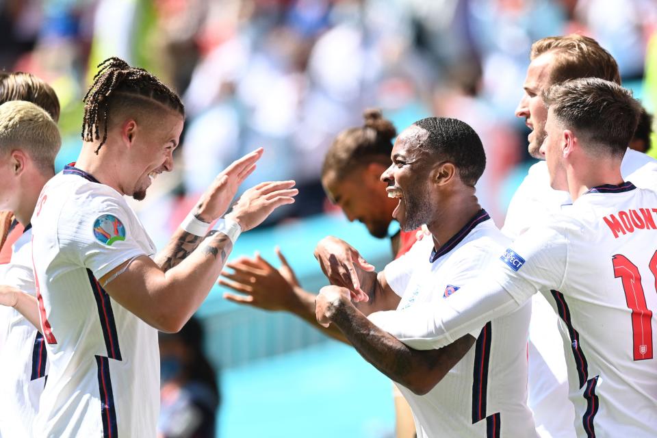 Raheem Sterling celebrates with Kalvin Phillips during England’s first Euro 2020 match (Getty)