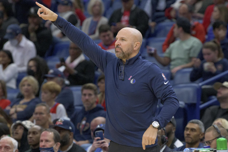 Dallas Mavericks head coach Jason Kidd points in the first half of an NBA basketball game against the New Orleans Pelicans in New Orleans, Wednesday, Dec. 1, 2021. (AP Photo/Matthew Hinton)