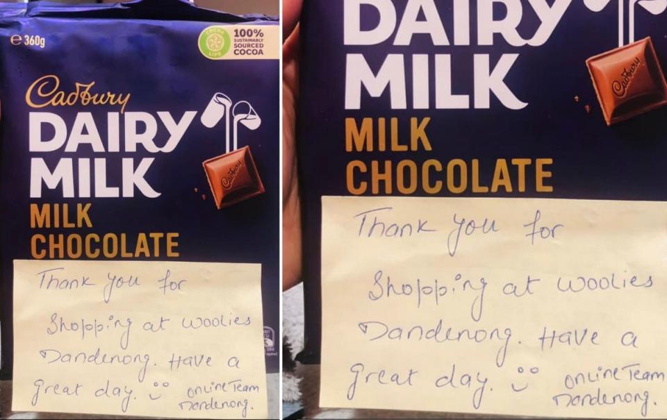 The Cadbury Dairy Milk chocolate the shopper was given with her order. Source: Facebook