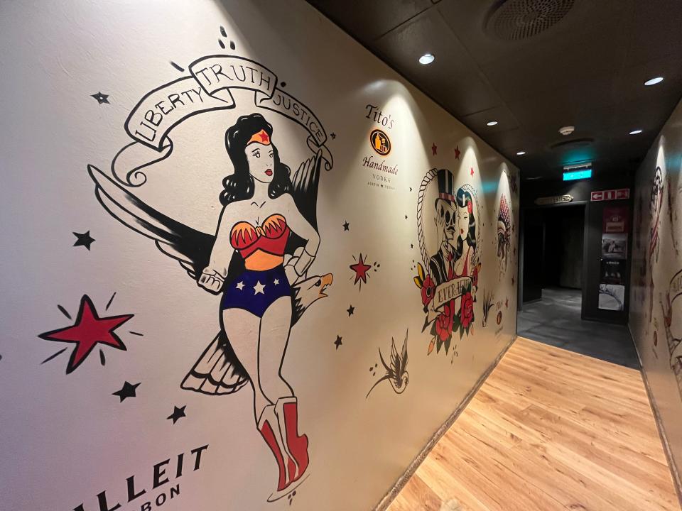 A Wonder Woman mural on the wall at American Bar in Iceland.
