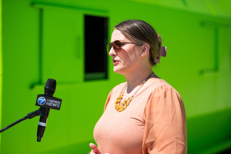 Recycling Coordinator Robin Chance speaks with media during the Grand Opening of the Jackson Recycling Center on Tuesday, Apr. 11, 2023.
