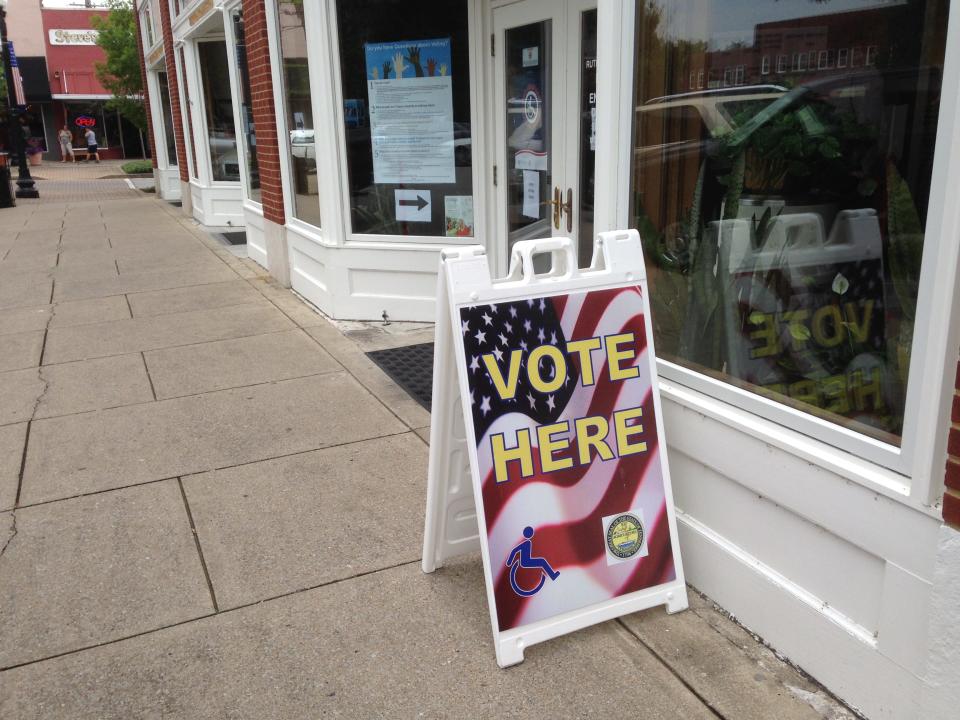 
This “Vote Here” sign is for early voting at the Rutherford County Election Commission office on the south side of the Public Square in Murfreesboro. 
