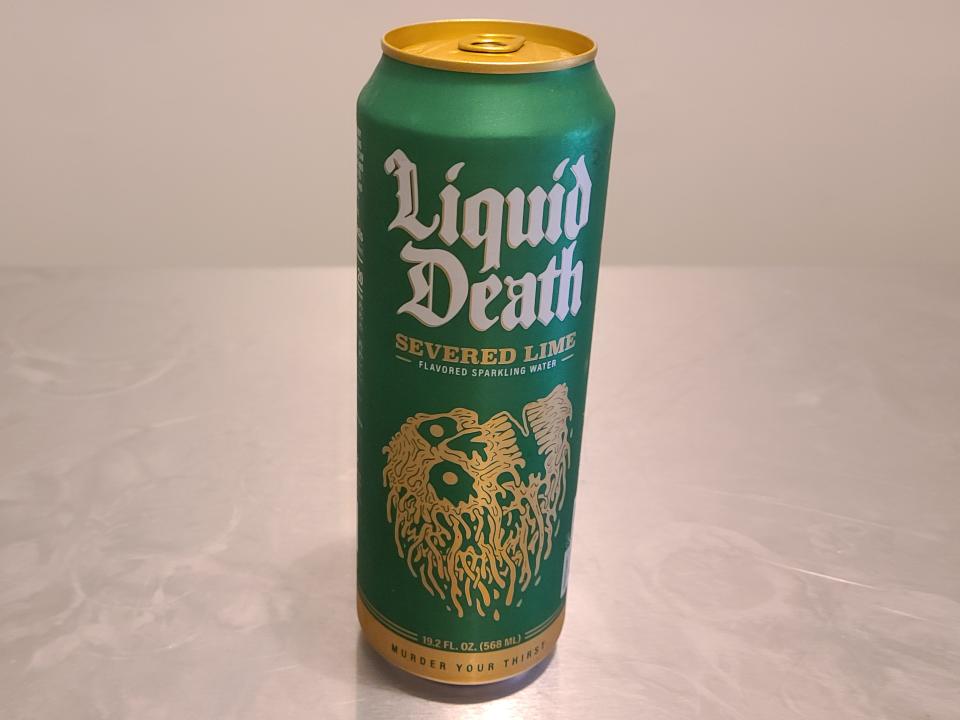 can of liquid death severed lime sparkling water on a kitchen counter