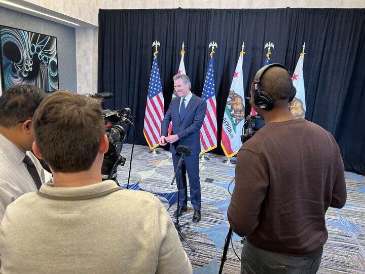 California Gov. Gavin Newsom meets with national media in Alpharetta GA following a debate with Florida Gov. Ron DeSantis