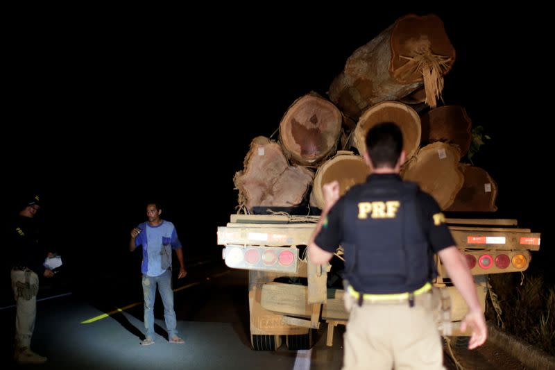 Police officers check illegally logged timbers near Humaita, Amazonas State