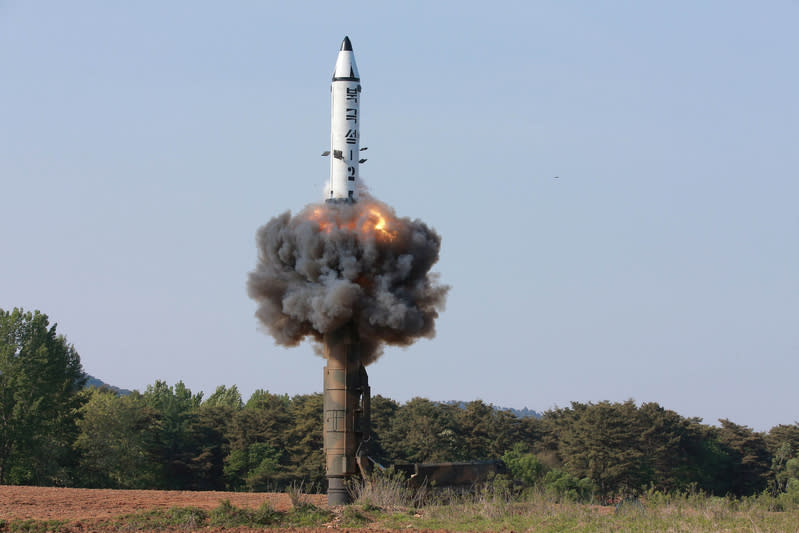 The intermediate-range ballistic missile Pukguksong-2's launch test. KCNA/via REUTERS