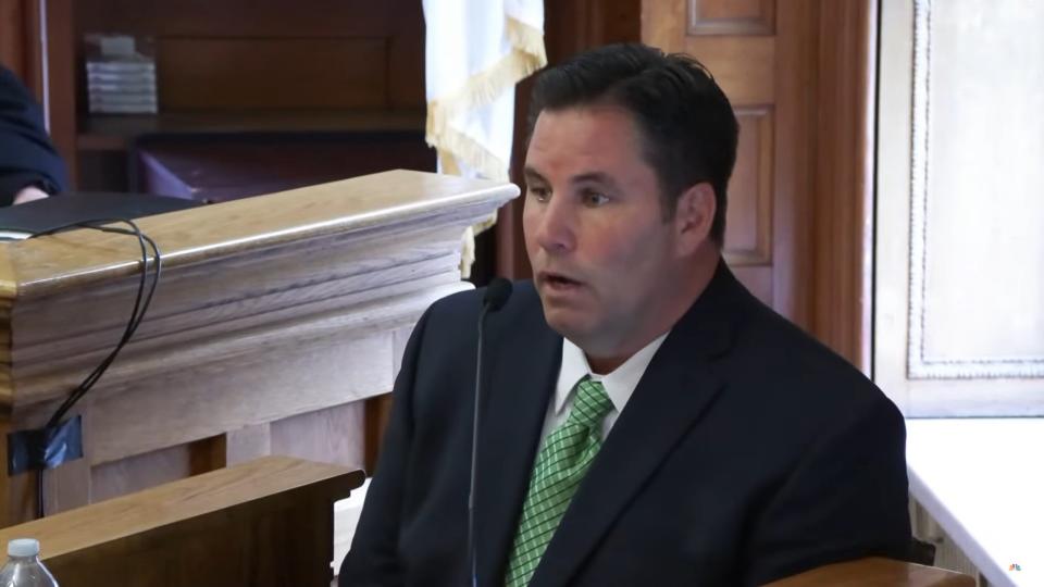 Matthew McCabe seen in the witness box during Karen Read’s trial on 16 May 2024 (NBC 10 Boston)