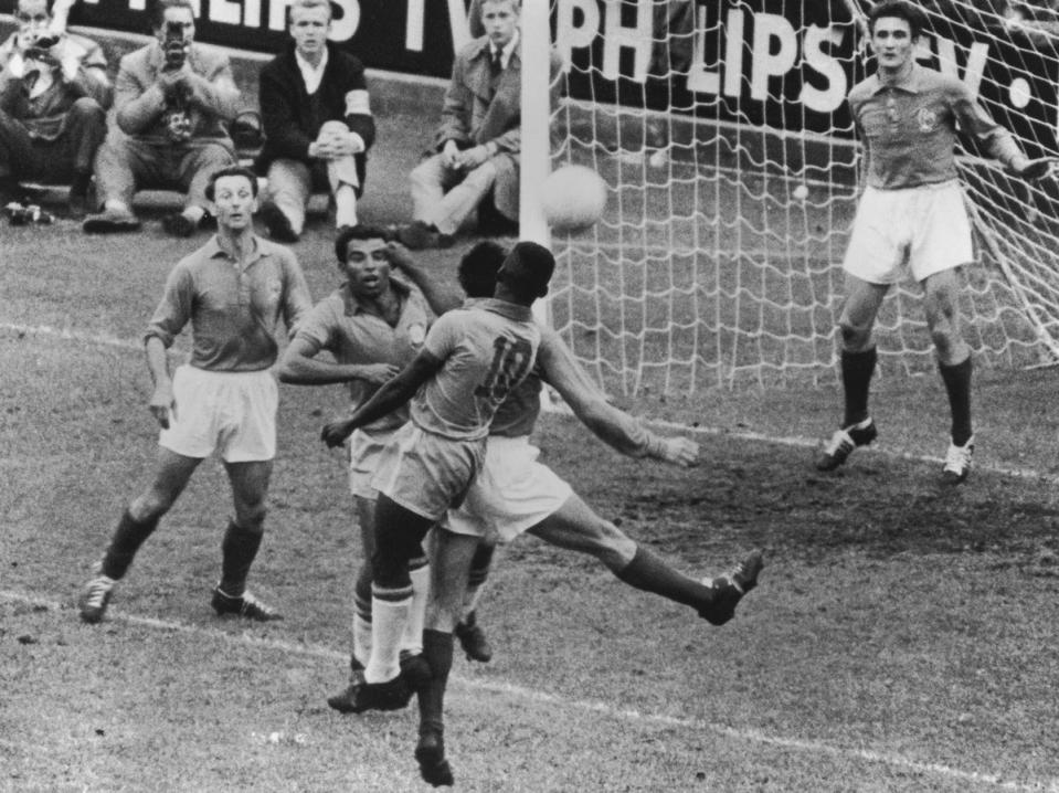 Brazilian forwards Vava and Pele (number 10) enter a melee in front of the French goal during the the World Cup semi-final at the Rasunda Stadion in Solna, Stockholm, 24th June 1958. Brazil beat France 5-2. (Getty Images)