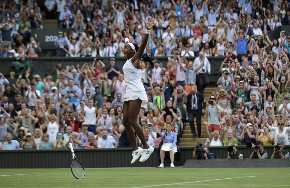 FILE - Cori "Coco" Gauff celebrates after beating Slovenia's Polona Hercog in a women's singles match during day five of the Wimbledon Tennis Championships in London, in this Friday, July 5, 2019, file photo. Gauff reached the fourth round at Wimbledon as a qualifier in her Grand Slam debut two years ago and now returns as a seeded player. Play begins Monday, June 28, 2021. (AP Photo/Ben Curtis, File)