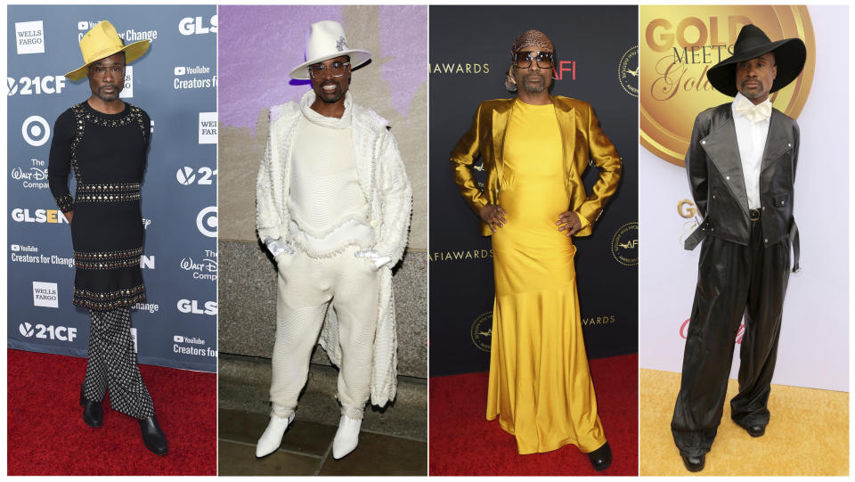 This combination photo shows actor Billy Porter, from left, at the 2018 GLSEN Respect Awards in Beverly Hills, Calif., on Oct. 19, 2018, at the 86th annual Rockefeller Center Christmas Tree Lighting Ceremony in New York on Nov. 28, 2018, at the AFI Awards in Los Angeles on Jan. 4, 2019 and at the 6th Annual Gold Meets Golden in West Hollywood, Calif. on Jan. 5, 2018, (AP Photo)