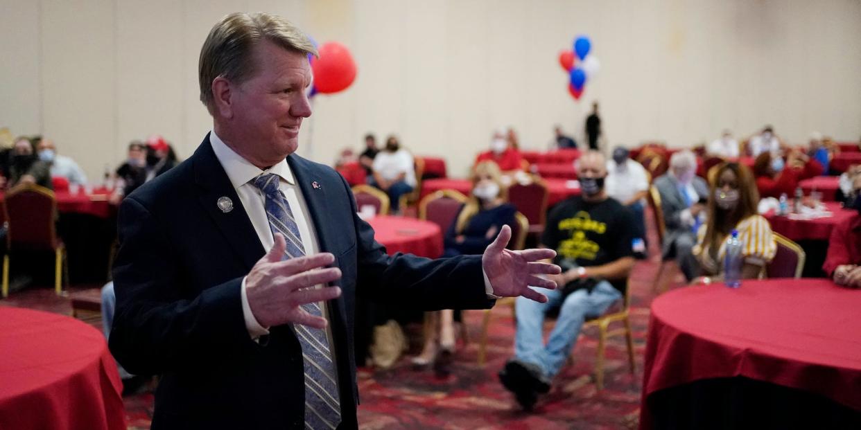 Jim Marchant attends a Republican election night watch party, Tuesday, Nov. 3, 2020, in Las Vegas.