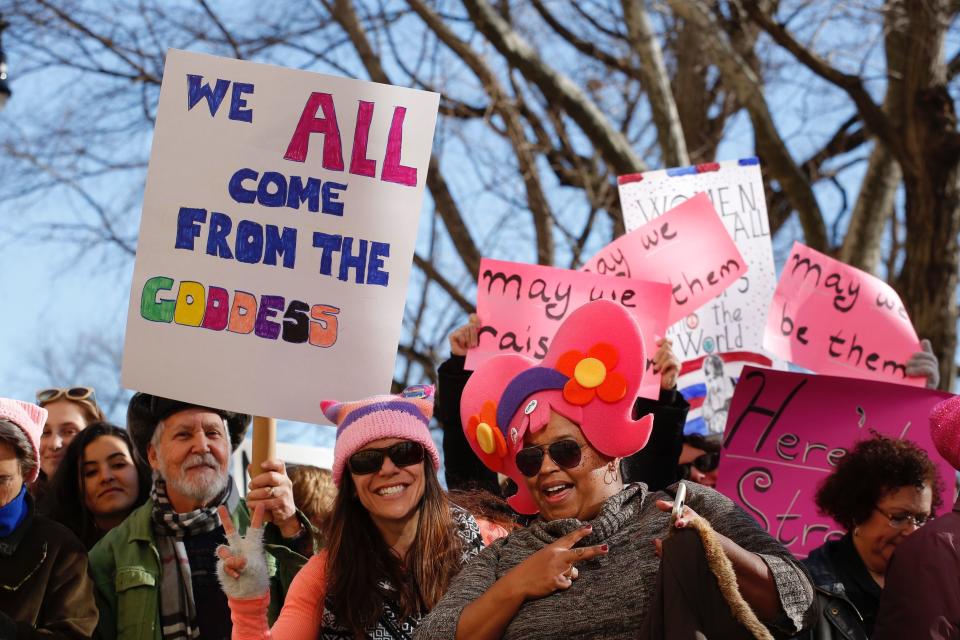 People gather prior to the second annual National Womens March in New York City.