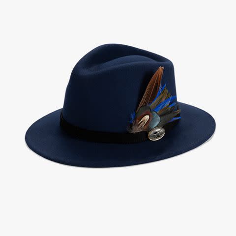 Navy Blue Fedora with Black Leather Band and Game Bird Feather