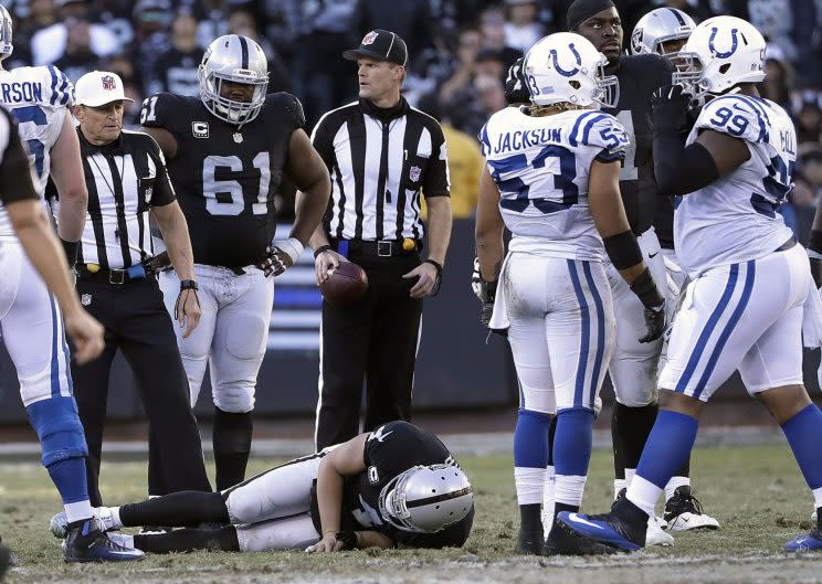 Derek Carr is out 6-8 weeks with a broken right fibula. (AP)