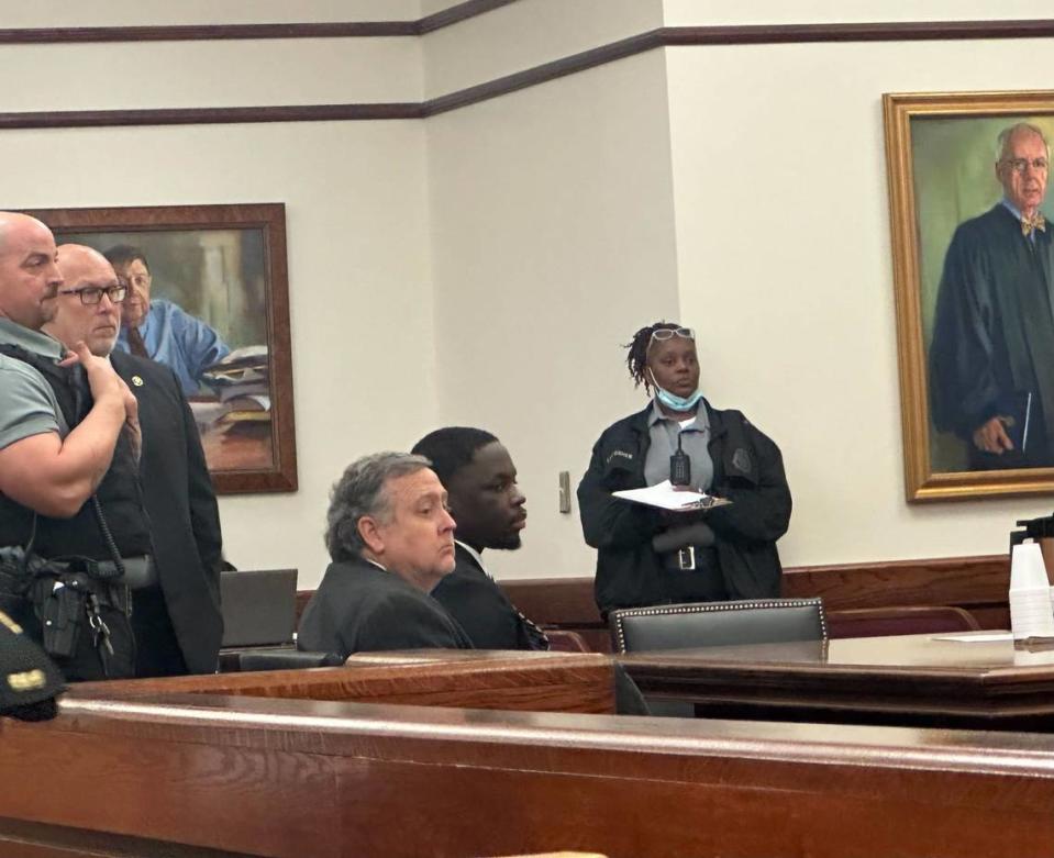 Terrance Wing and defense attorney Jared Newman listen to the jury’s guilty verdict Thursday morning in the Beaufort County Courthouse. Wing was convicted in the 2019 murder of 18-year-old Trey Blackshear, a star soccer player and academic standout at Hilton Head Island High School.