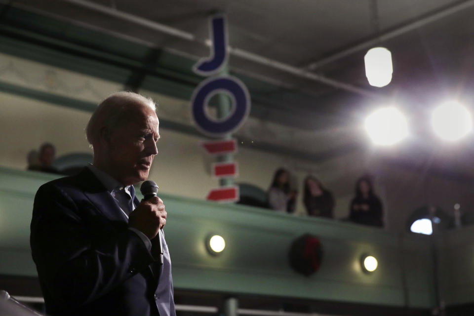 Democratic presidential candidate former Vice President Joe Biden addresses a gathering during a campaign stop in Exeter, N.H., Monday, Dec. 30, 2019. (AP Photo/Charles Krupa)