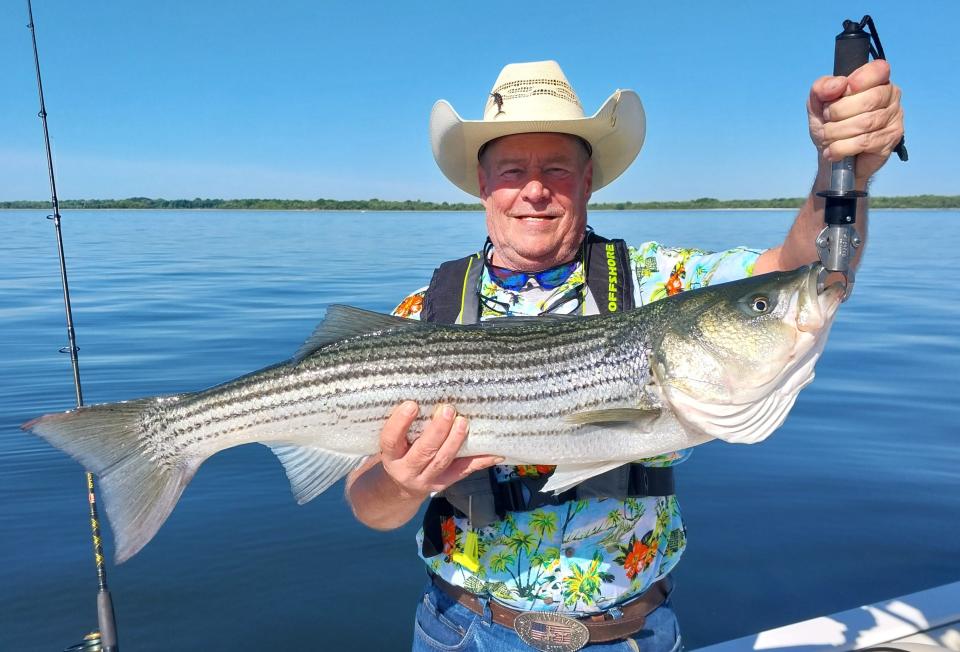 Tim Rounds of Idaho, here on vacation, caught this 38-inch striped bass fishing with light tackle at Popasquash Point, Bristol.