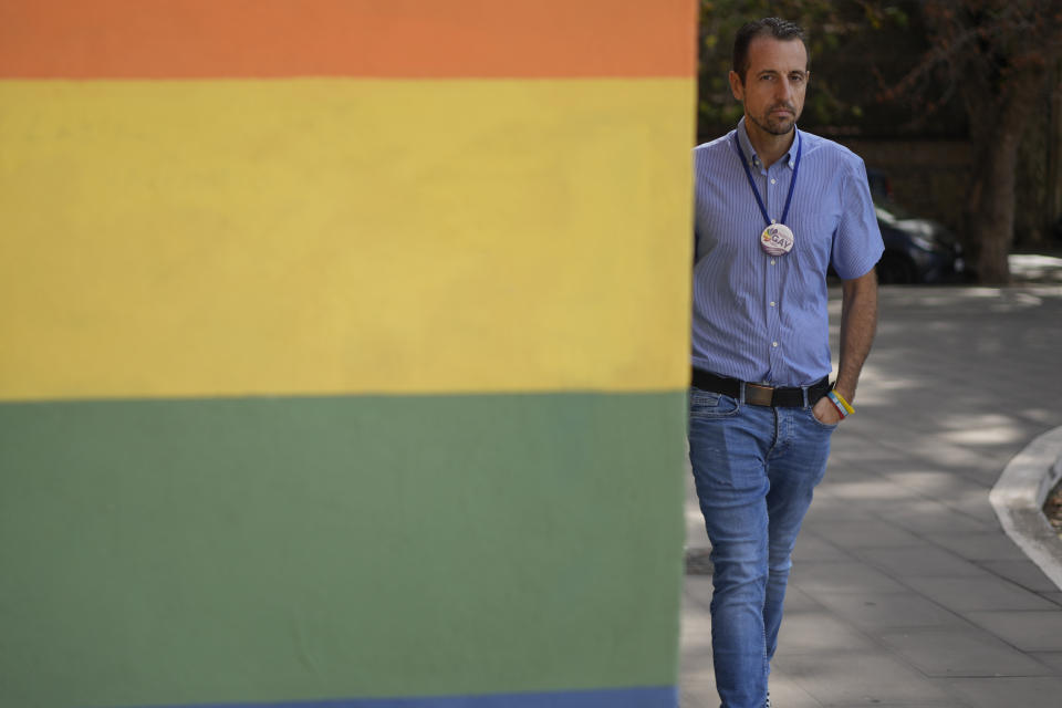 Fabrizio Marrazzo, who ran on the ticket of the tiny Gay Party arrives for an interview with the Associated Press in Rome, Tuesday, Sept. 27, 2022. Advocates for women and the LGBTQ community in Italy are worrying that the decisive victory by Giorgia Meloni and her far-right party in Italy's national election which took place Sunday, Sept. 25, 2022, will bring setbacks for civil rights. Marrazzo said that the right-wing victors have spoken out "very clearly" against allowing legal recognition for non-biological children of a parent in a LGBTQ+ couple. (AP Photo/Andrew Medichini)