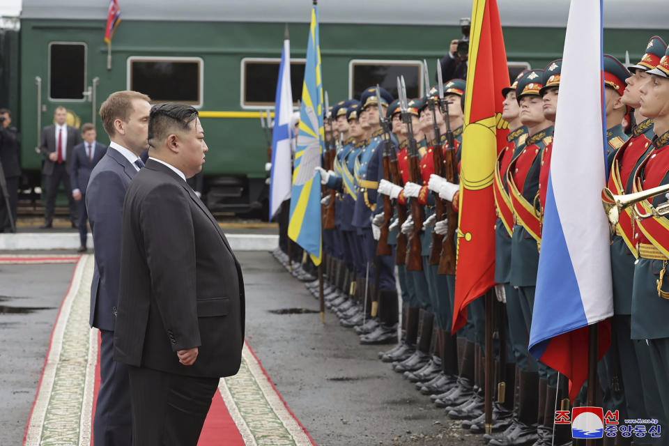 In this photo provided by the North Korean government, North Korea leader Kim Jong Un, foreground left, prepares to leave for home at a station in Artyom, near Vladivostok, Russian Far East Sunday, Sept. 17, 2023. Independent journalists were not given access to cover the event depicted in this image distributed by the North Korean government. The content of this image is as provided and cannot be independently verified. Korean language watermark on image as provided by source reads: "KCNA" which is the abbreviation for Korean Central News Agency. (Korean Central News Agency/Korea News Service via AP)