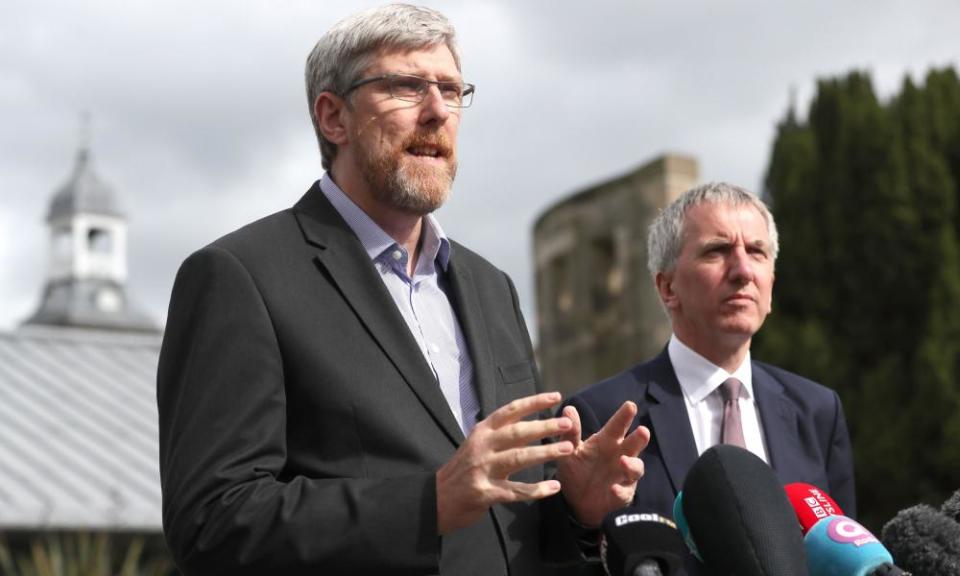 Sinn Féin’s John O’Dowd and Máirtín Ó Muilleoir talk to the media following talks aimed at restoring power sharing in Northern Ireland.