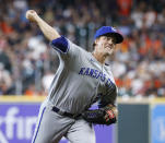 Kansas City Royals starting pitcher Zack Greinke delivers to a Houston Astros batter during the first inning of a baseball game Tuesday, July 5, 2022, in Houston. (AP Photo/Kevin M. Cox)