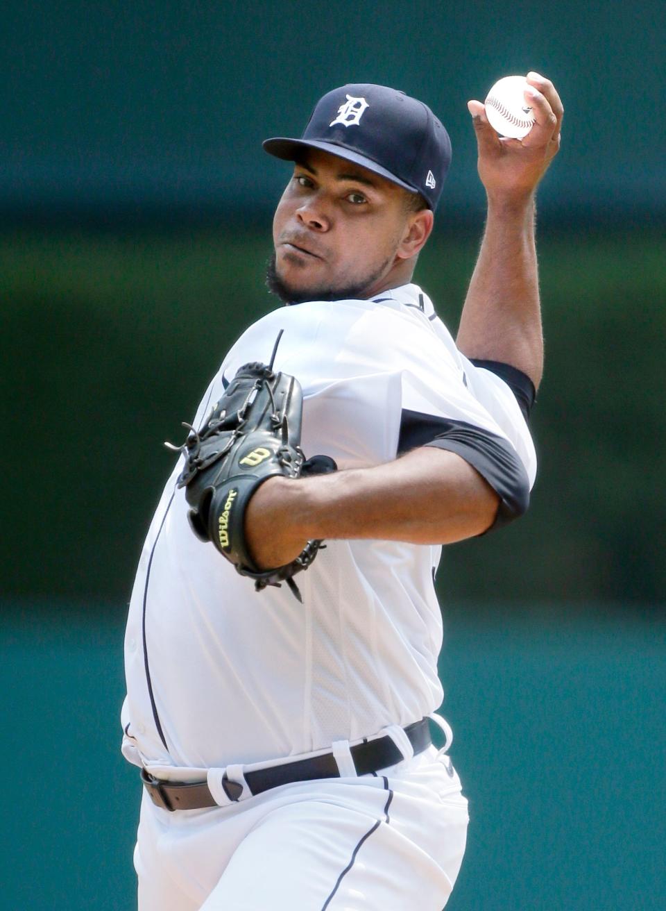 Detroit Tigers starter Wily Peralta pitches against the Minnesota Twins during the third inning of a baseball game Sunday, July 18, 2021, in Detroit.