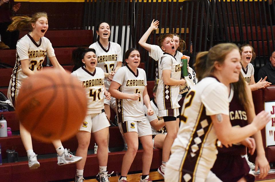 The Case girls basketball team's bench react after a late basket.