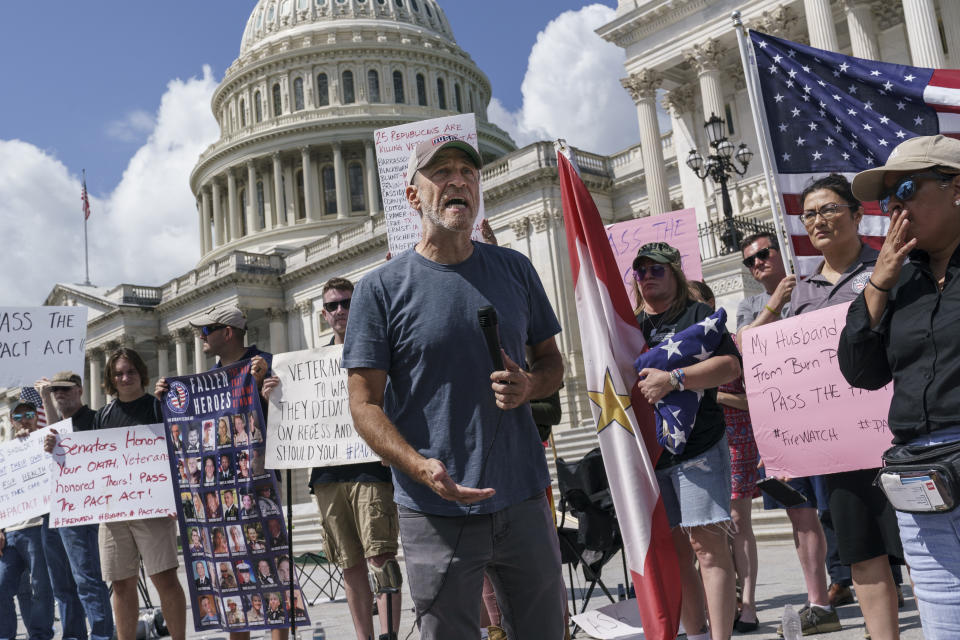 Veterans, military family members and advocates are joined by activist Jon Stewart as they call for Senate Republicans to change their votes on a bill designed to help millions of veterans exposed to toxic substances during their military service, at the Capitol in Washington, Monday, Aug. 1, 2021. A bill that enhances health care and disability benefits for millions of veterans exposed to toxic burn pits has hit a snag in the Senate. (AP Photo/J. Scott Applewhite)