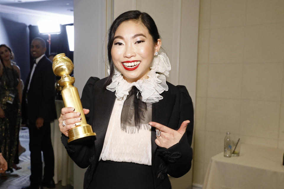BEVERLY HILLS, CALIFORNIA - JANUARY 05: 77th ANNUAL GOLDEN GLOBE AWARDS -- Pictured: Actress Awkwafina in the press after winning the award for Best Performance by an Actress in a Motion Picture - Musical or Comedy for The Farewell at the 77th Annual Golden Globe Awards held at the Beverly Hilton Hotel on January 5, 2020. --  (Photo by Trae Patton/NBC/NBCU Photo Bank via Getty Images)