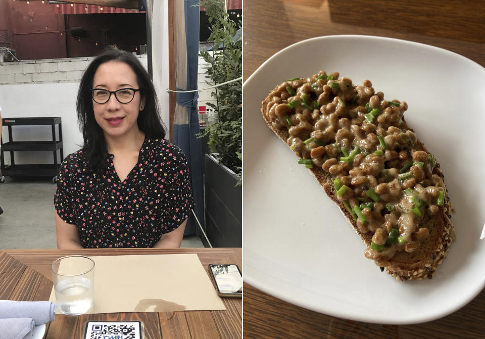 This combination of photos shows Anne Alderete at a restaurant on Aug. 12, 2020, left, and a dish of natto and chives on gluten free sourdough bread. Whether it’s kimchi, beets or broccoli, the pandemic has had a strange impact on food cravings. Alderete is enjoying something she never thought she would: natto. Made of fermented soy beans, natto is popular in Japan but considered too slimy and stinky for some. (J. Alderete, left, and A. Alderete via AP)