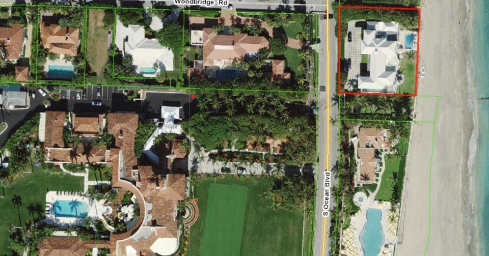 A bird's-eye photo shows the house at 1125 S. Ocean Blvd., outlined in red at the upper right, and its proximity to The Mar-a-Lago Club, at lower left, and Mar-a-Lago's Beach Club, lower right, in Palm Beach.  The house, owned by a Trump-related entity, was just re-listed for sale at $59 million.
