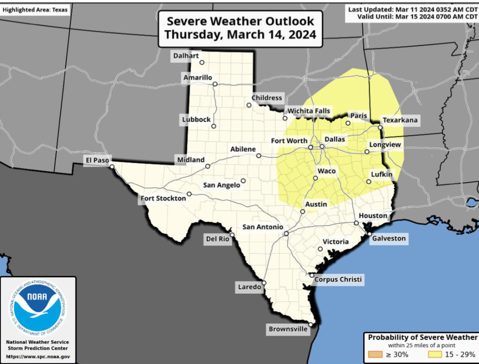 Current predictions place Austin and northern Travis County at the southernmost tip of the area projected to see storm activity Thursday.