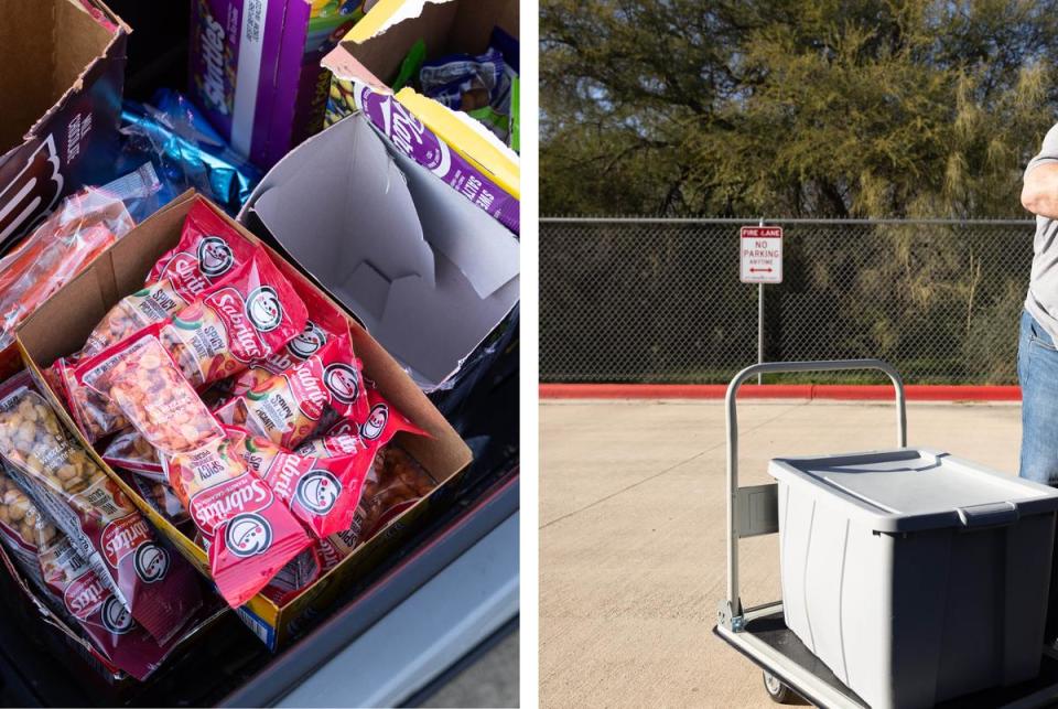 Left: Snacks are organized into open containers to make it easier for Jerry House to stock his vending machines. Right: Jerry House loads bins of snacks onto his truck to be transported. <cite>Credit: Maria Crane/The Texas Tribune</cite>