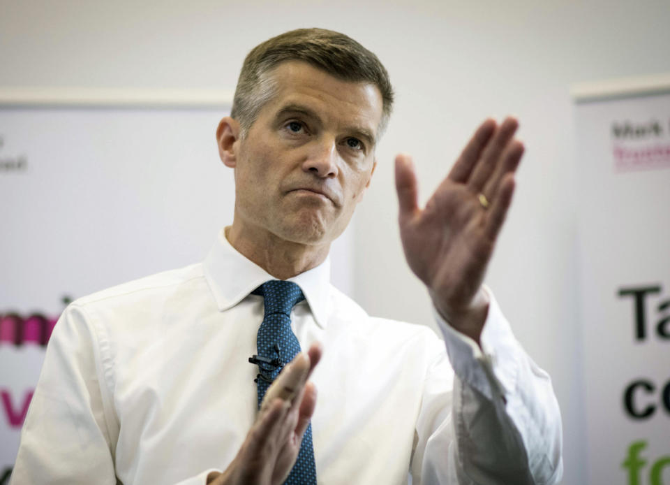 Mark Harper launches his campaign to become leader of the Conservative and Unionist Party during a media conference at the Institute for Mechanical Engineers in central London, Tuesday June 11, 2019. Harper is a candidate to replace Prime Minister Theresa May as leader of the Conservative Party. (Stefan Rousseau/PA via AP)