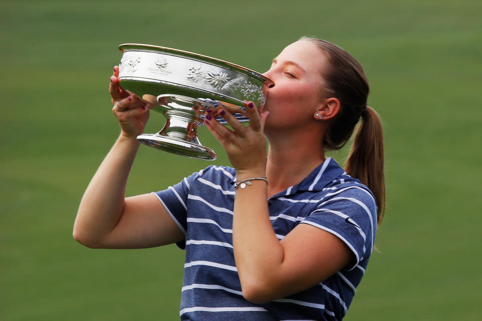 AUGUSTA, GEORGIA – APRIL 06: Jennifer Kupcho of the United States celebrates with the trophy after winning the Augusta National Women’s Amateur at Georgia’s Augusta National Golf Club in 2019. (Photo: Kevin C. Cox/Getty Images)