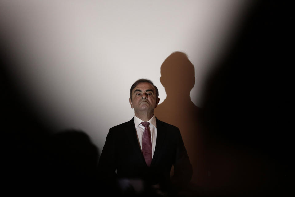 Nissan's former chairman Carlos Ghosn arrives for a press conference in Beirut, Lebanon, Wednesday, Jan. 8, 2020. (AP Photo/Maya Alleruzzo)