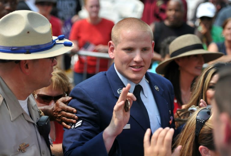 One of three Americans who helped thwart a terror attack on a Paris-bound train Spencer Stone (C), has been stabbed outside a bar in Sacramento, California