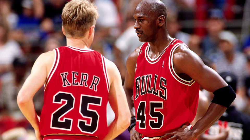 Michael Jordan and Steve Kerr, pictured here in action for the Chicago Bulls in 1995.